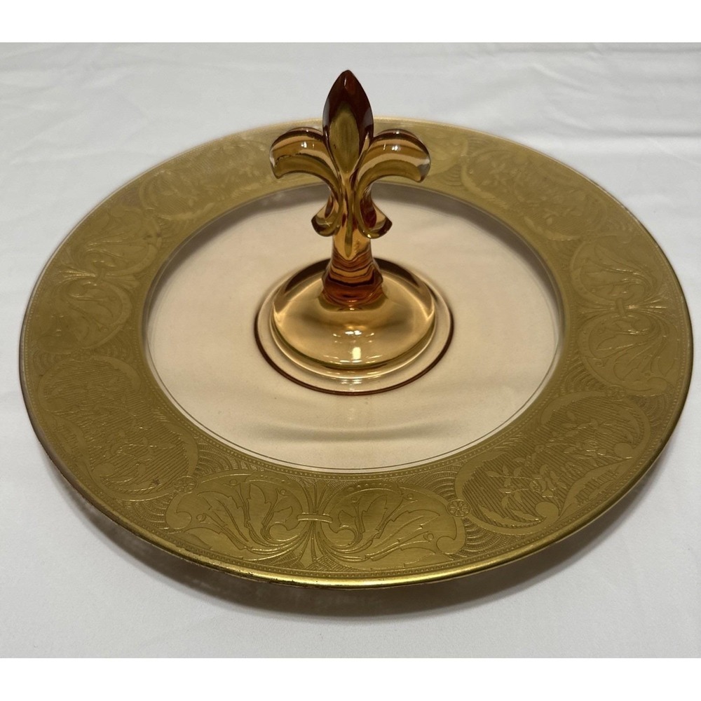 Luxury Vintage Fostoria Glass Fleur De Lis Handle Tid-bit Tray W/gold Etching